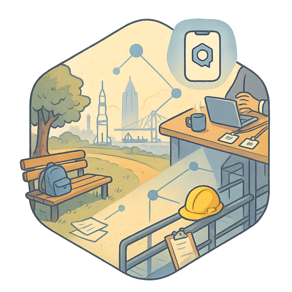 Isometric illustration showing Alabama's connected tech community - featuring urban development, remote work setups, mobile connectivity, and engineering environments all connected through a network